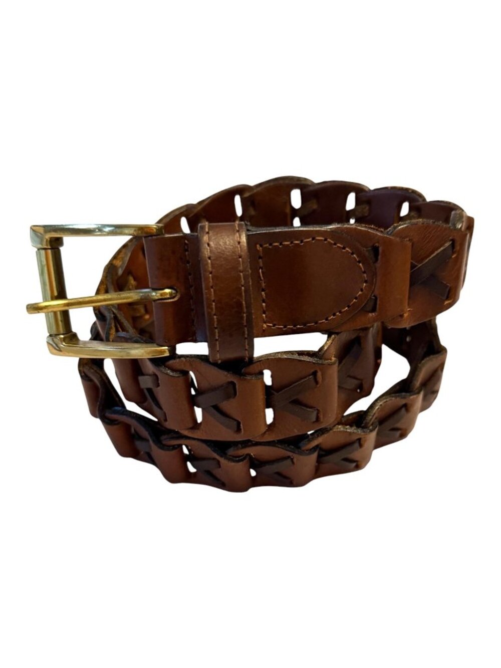 Vintage Genuine Leather Woven Brown Belt Brass Buckle Made in India Size Medium